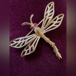 1960s Crown signed Trifari Dragonfly Brooch with Pink Rhinestone eyes